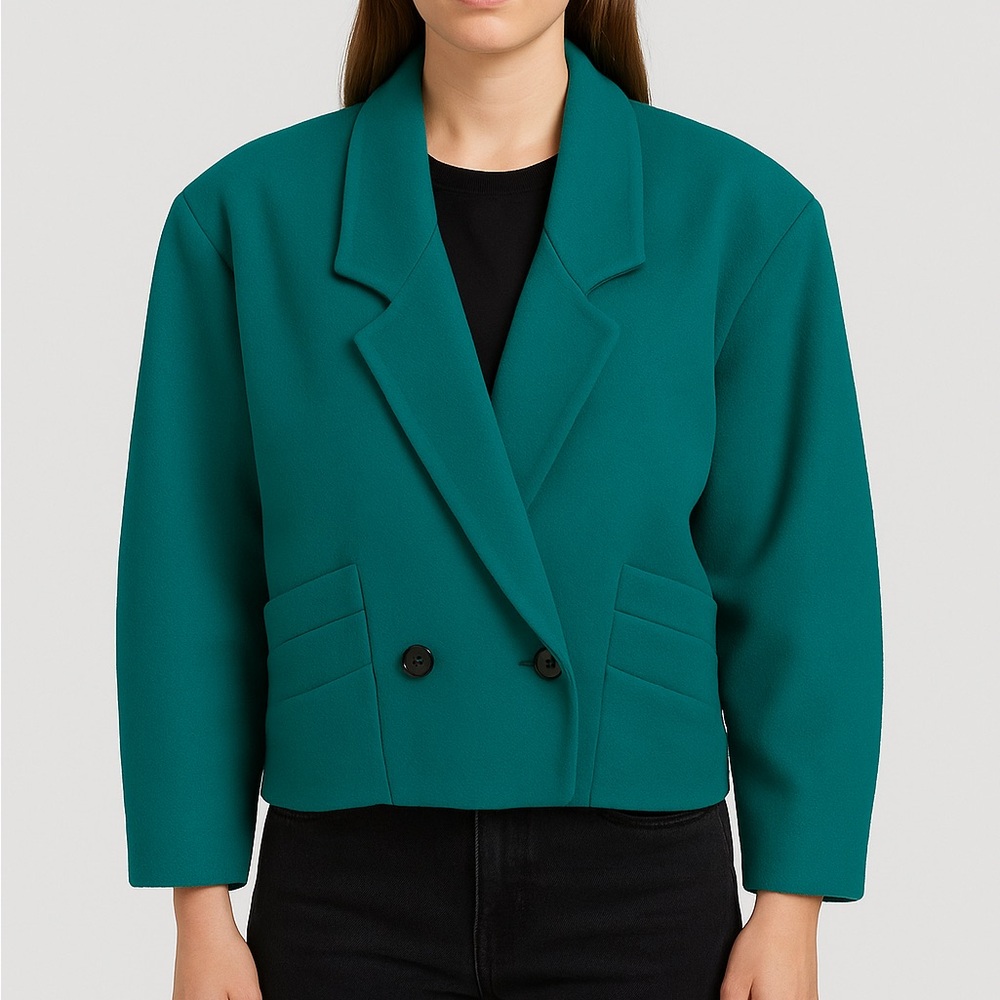 Andy Johns Vintage 80s Teal Wool Cropped Blazer | Power Shoulder  | Made in USA